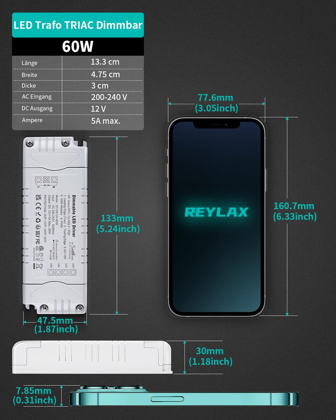 REYLAX LED Trafo 12V 60W Dimmbar Triac & 0/1-10V, 5A Dimmbar Netzteil 230V auf 12V DC Treiber Konsta