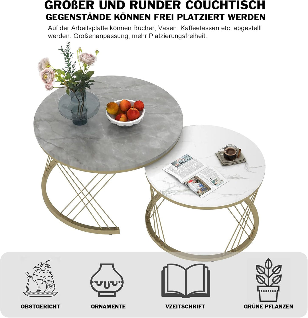 Merax Rund Couchtisch Set, 2-in-1 Nesting Couchtisch Satztisch Modern Wohnzimmertisch, Marmor Furnie