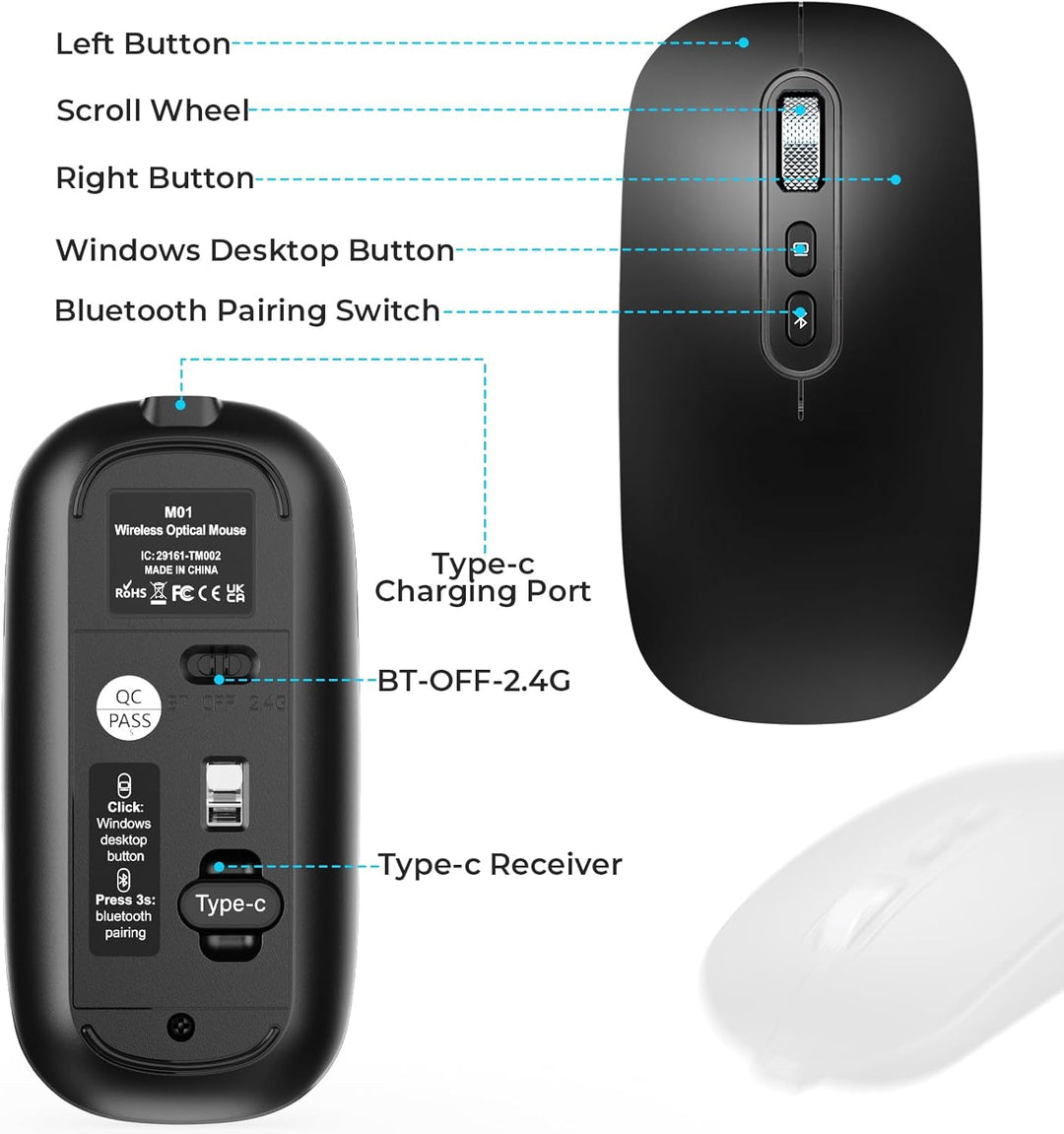 PINKCAT Maus Kabellose USB C, Wiederaufladbare Dual-Modus Mouse(Bluetooth5.1+USB C), Leise Bluetooth