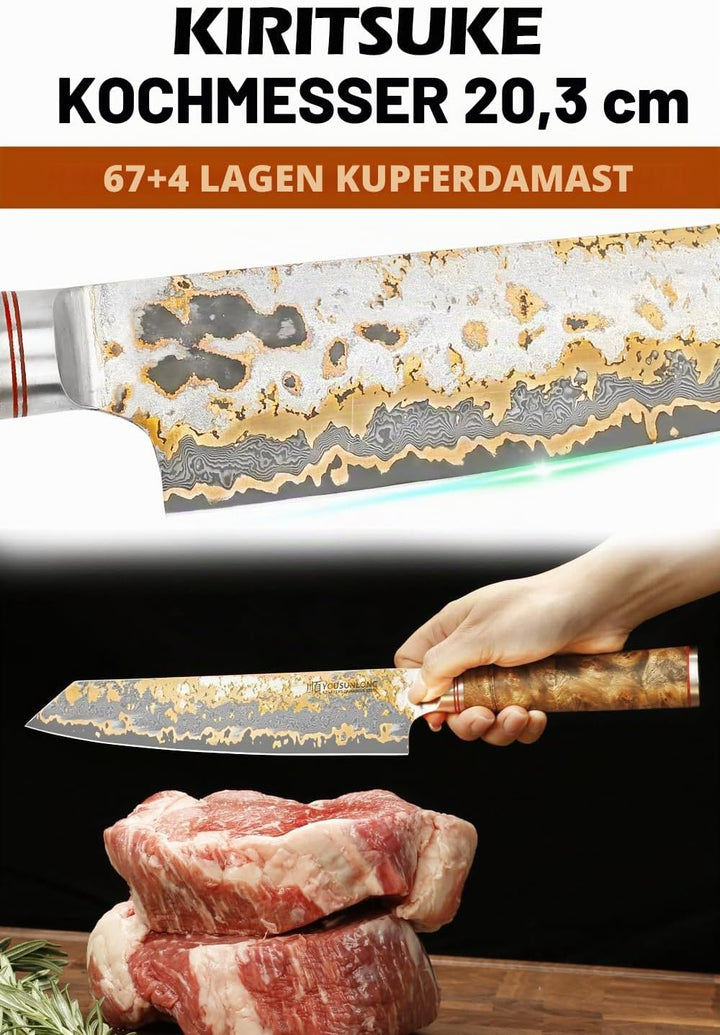 YOUSUNLONG Kiritsuke Kochmesser - 210mm Japanische Kupfer Damaszener Stahl Klinge - Rasiermesserscha