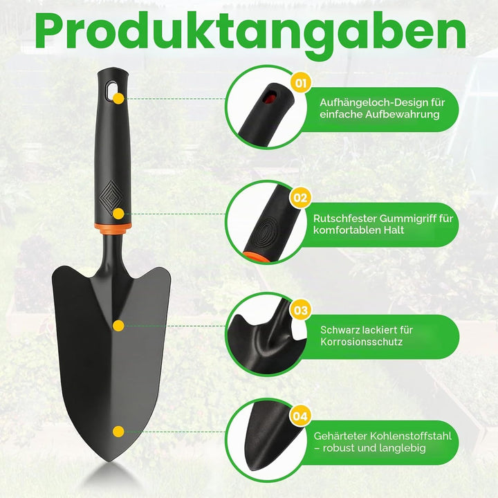 4 Stück Schwarzer Breite und schmale Gartenschaufel, Gartengeräte Set für Gartenpflege aus Stahl Kle