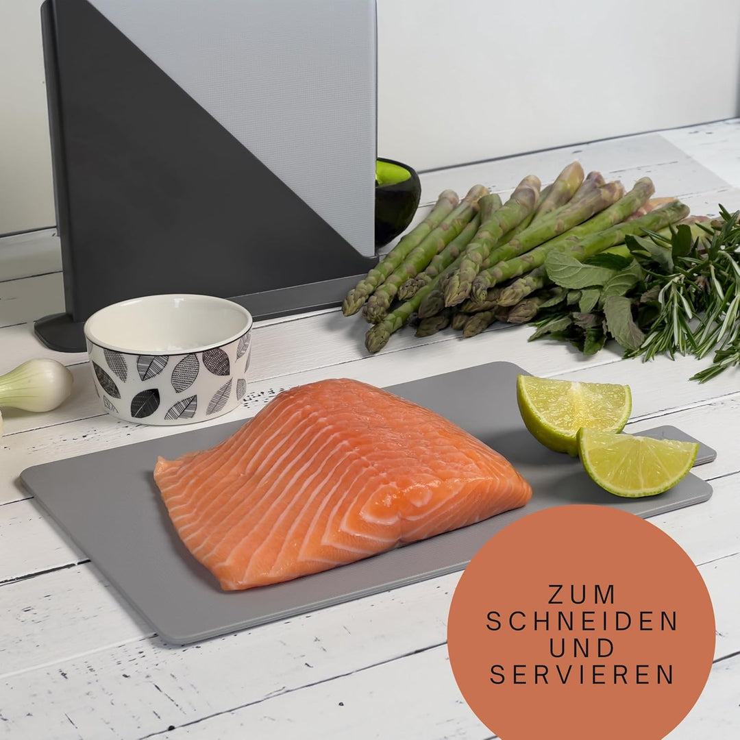Schneidebrett Kunststoff 3er Set mit Ständer grau, drei Hackbretter spülmaschinenfest (je 28x18,5 cm