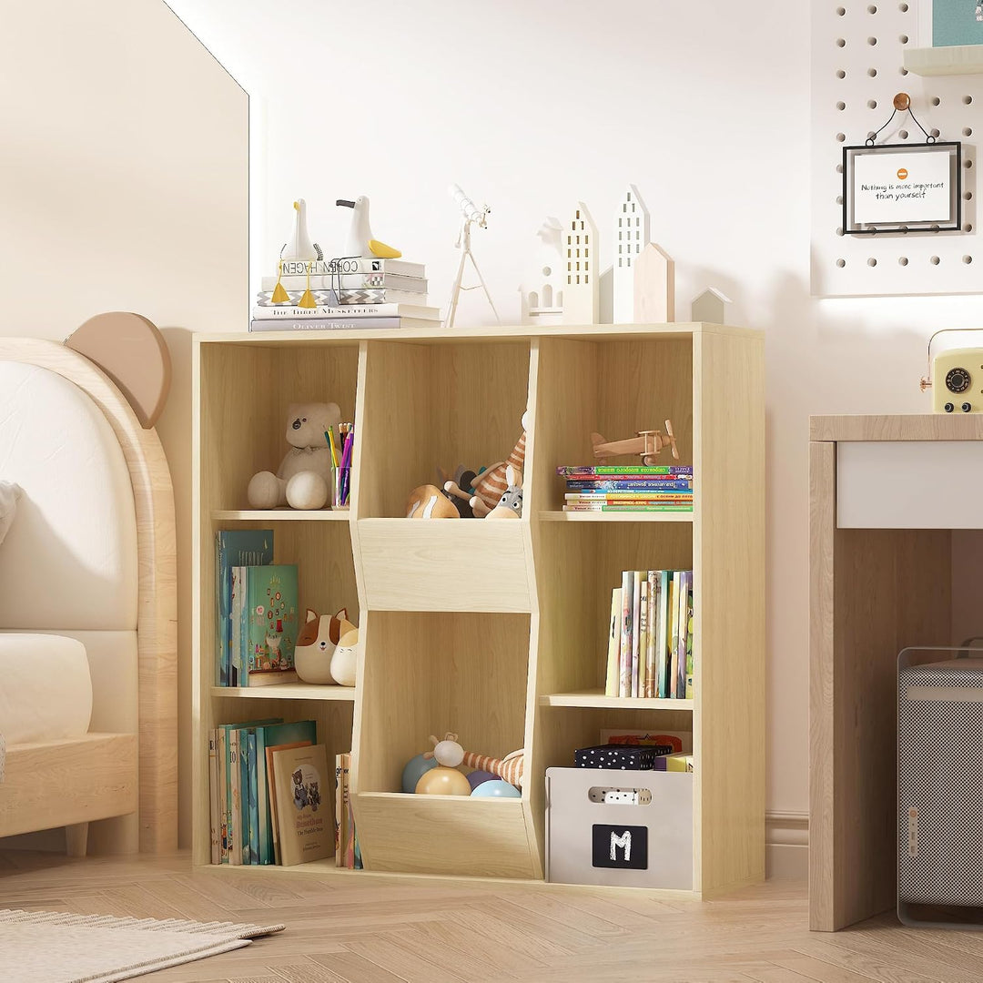 NACHES Bücherregal Kinder Bücher Aufbewahrung 90 x 30 x 90cm (Weiss) (Natur) | , Kinderregal mit 8 O