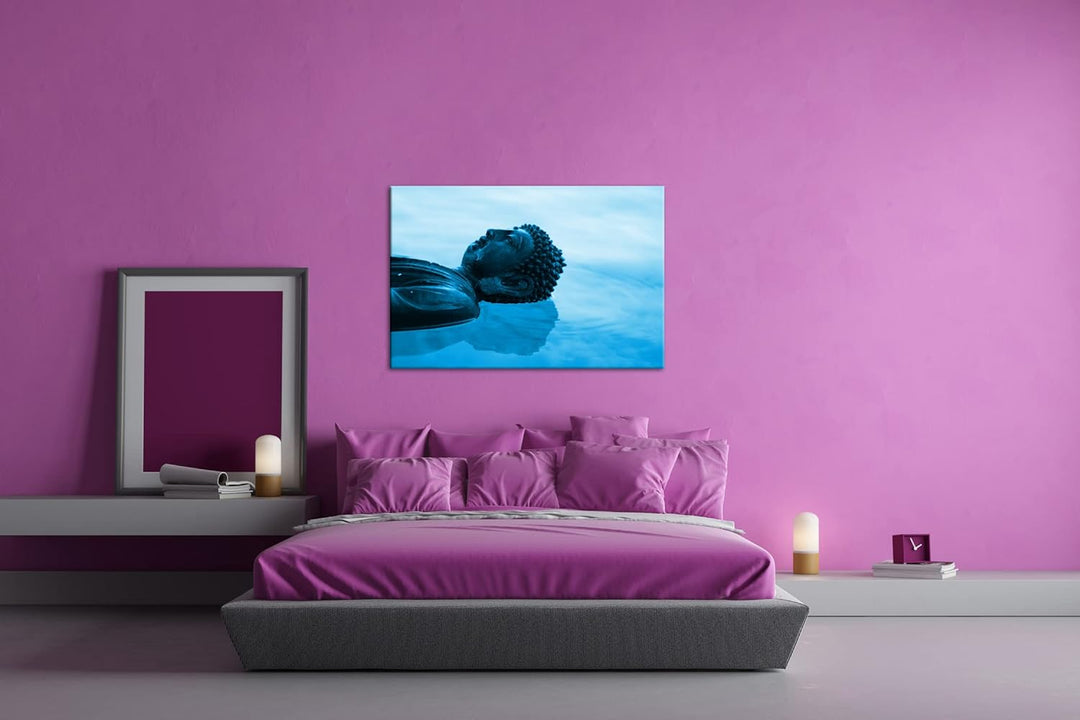 deyoli Buddha Statue am Wasser Format 80x60 Effekt: Monocrome Blau als Leinwandbild, Motiv fertig ge