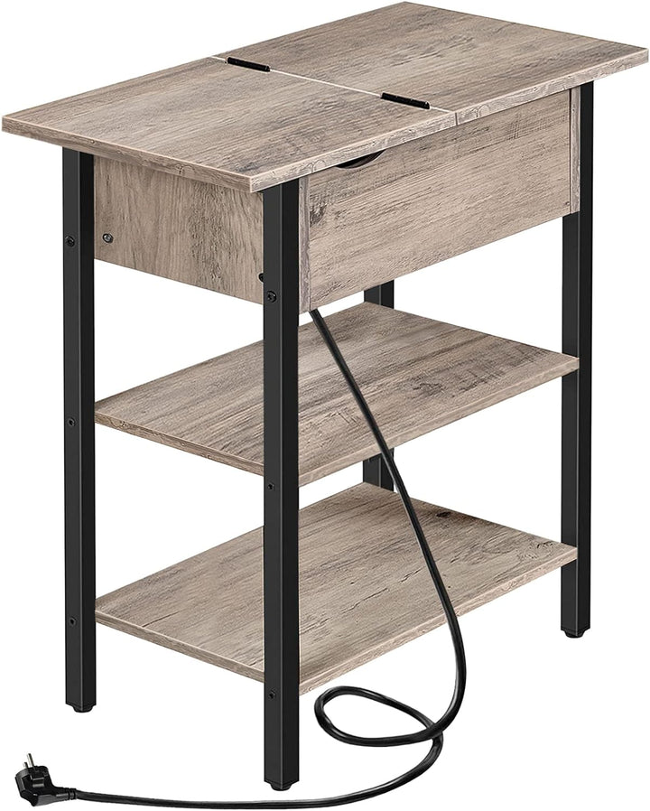 HOOBRO Beistelltisch, Flip-Top Sofatisch mit Ladestation und Ablagefläche, Schmaler Nachttisch für k