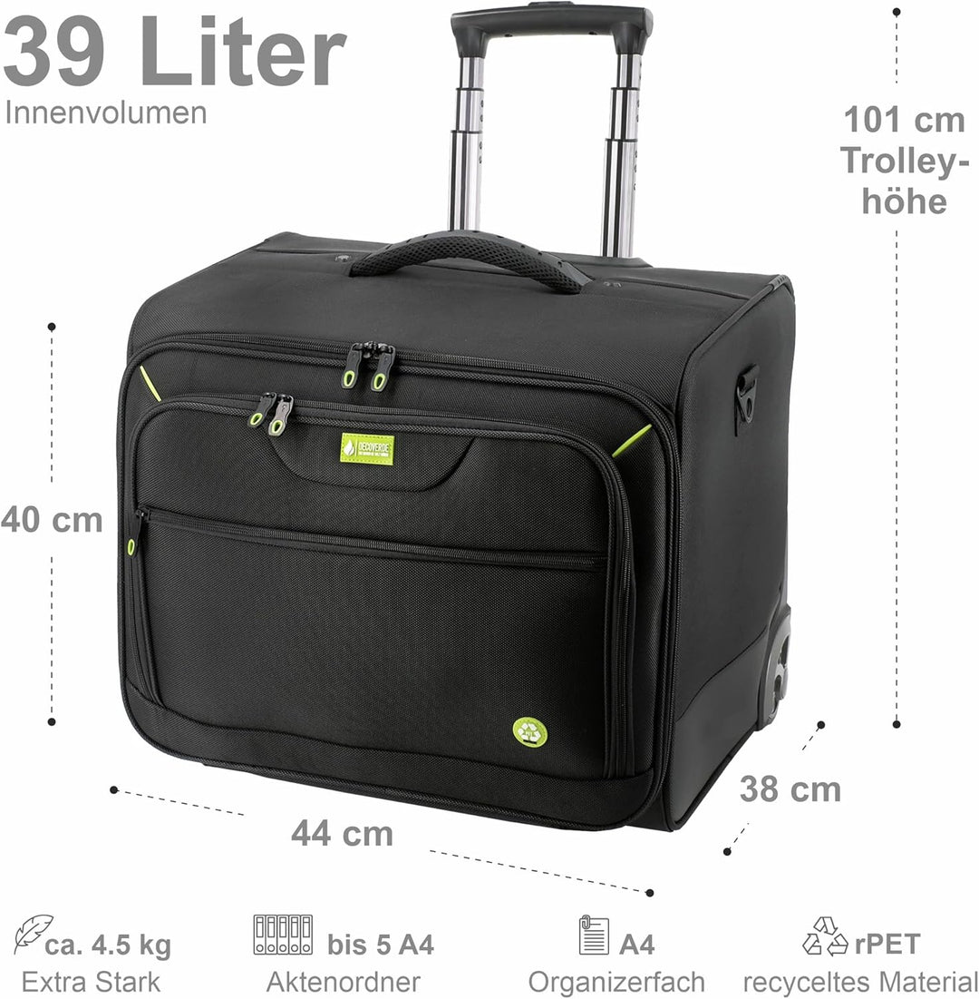 Aktenkoffer aus recyceltem Polyester in schwarz 46209 | für fünf Aktenordner, mit Rollen und Trolley