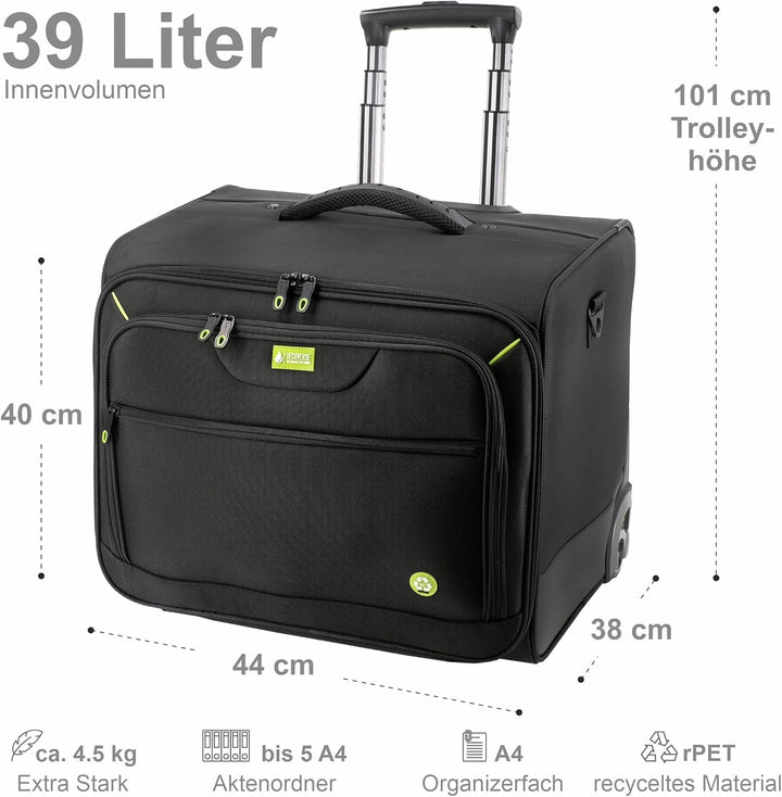 Aktenkoffer aus recyceltem Polyester in schwarz 46209 | für fünf Aktenordner, mit Rollen und Trolley