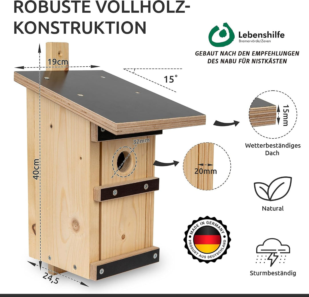 Nistkasten Vögel 32 mm Einflugloch aus Massivholz – Vogelhaus für Meisen, Sperlinge &amp; Höhlenbrüter –