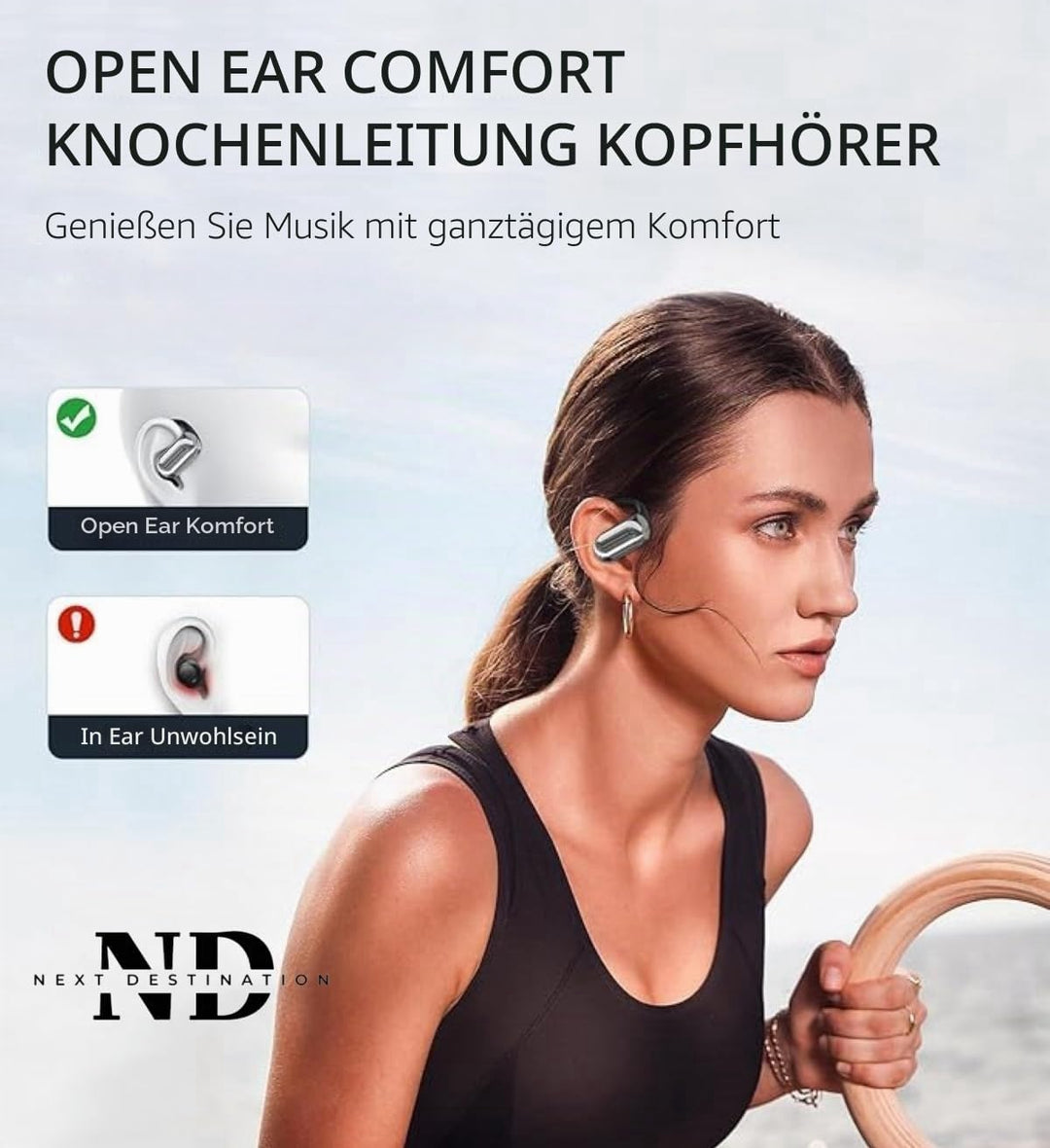 Next Destination Kabellose Bluetooth 5.4 Sport-Kopfhörer mit Haken Q16S | Kopfhörer | IPX7 wasserdic