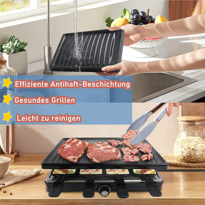 1500W Raclette Grill für 8 Personen mit Steinplatte und GrillplatteTischgrill- 8 Pfannen und Holzspa