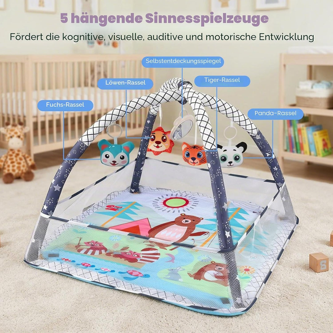 Baby-Spielmatte &amp; Activity-Center mit integriertem Schutzrand, Spielzeug, Spiegel und Bällen – Boden