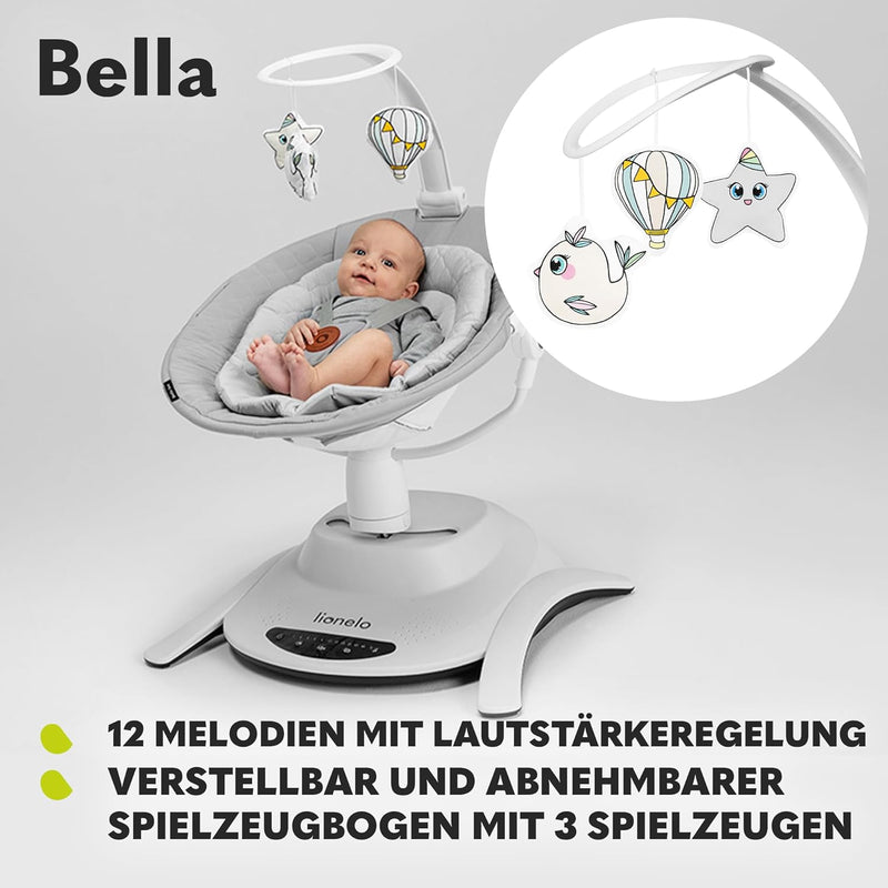 LIONELO Bella Elektrische Babywippe 360o für Babys bis 9 kg, verstellbare Rückenlehne, 5 Schaukelges