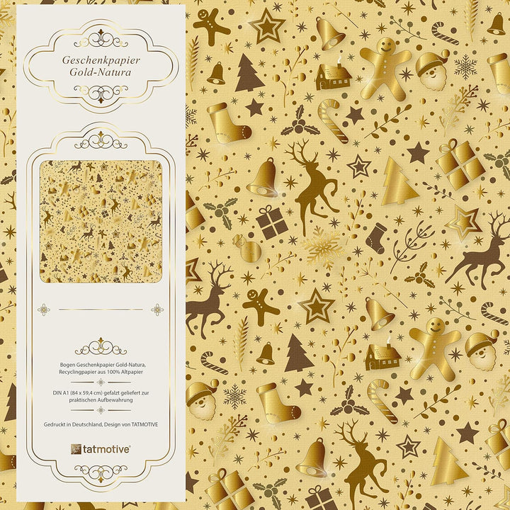 Geschenkpapier Weihnachten Gold Natura 100 Bogen 84 x 59 cm, Öko Recycling-Papier nachhaltig gedruck