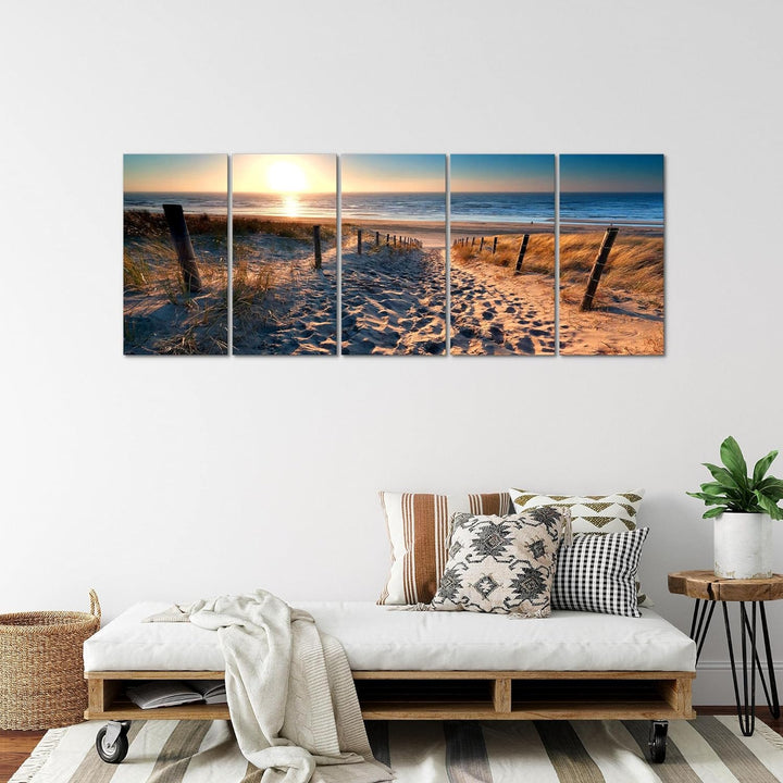 Runa Art Wandbild XXL Strand Sonnenuntergang Schlafzimmer Wohnzimmer 200 x 80 cm Beige Blau 5 Teilig