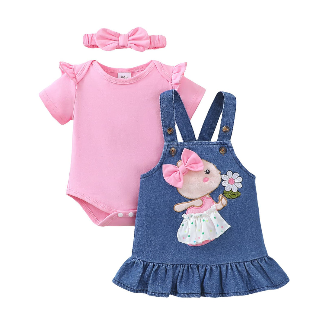 Baby Outfits für Mädchen mit Herz Print kurzärmelig Strampler Hosenträgerrock Bären Kleid Schleife S