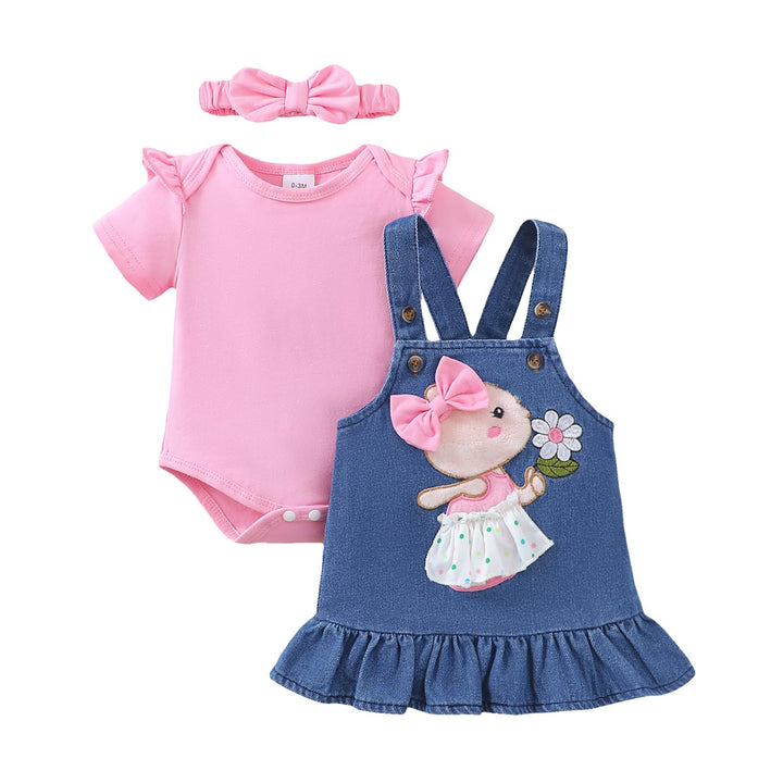 Baby Outfits für Mädchen mit Herz Print kurzärmelig Strampler Hosenträgerrock Bären Kleid Schleife S