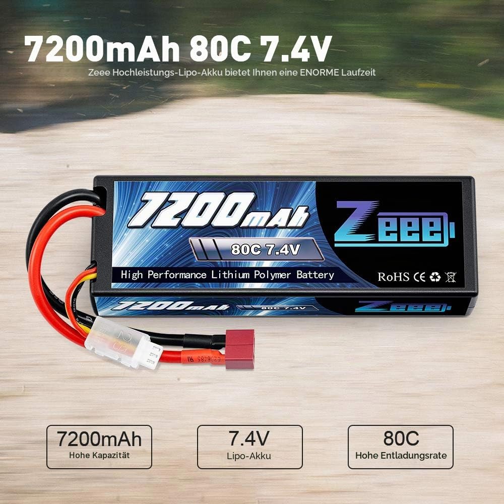 Zeee 2S Lipo Akku 7,4V 80C 7200mAh Hardcase Batterie mit T Stecker für RC Car RC Truck RC Auto Boot