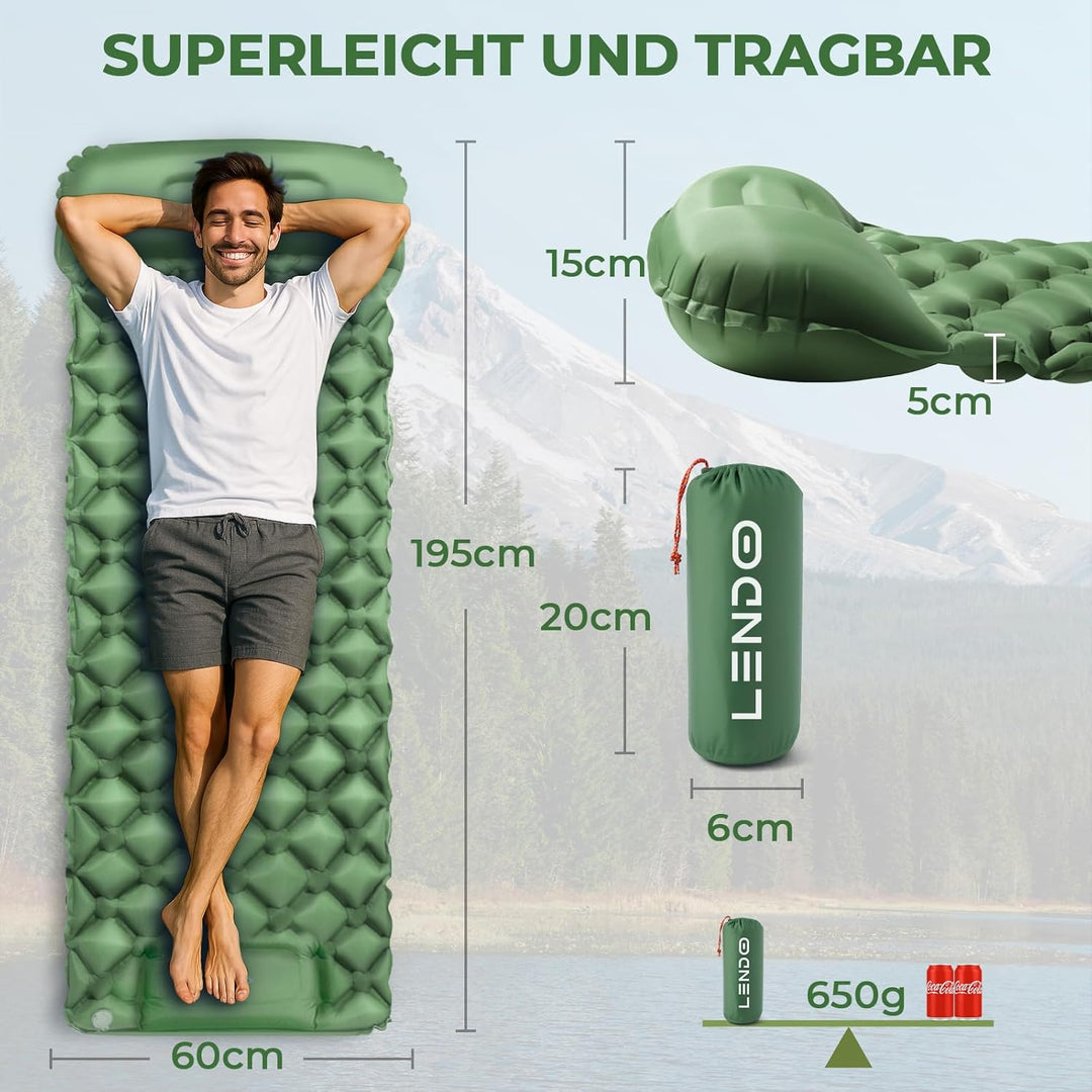 LENDOO Ultraleichte Aufblasbare Isomatte, 195cm*60cm Isomatte Selbstaufblasend Mit Aufblasbarem Kiss