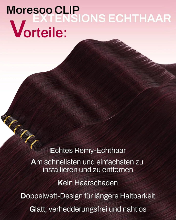 Moresoo Clip Extensions Echthaar Clip in Extensions Rot Doppelt Tressen Haarverlängerung Echthaar Cl