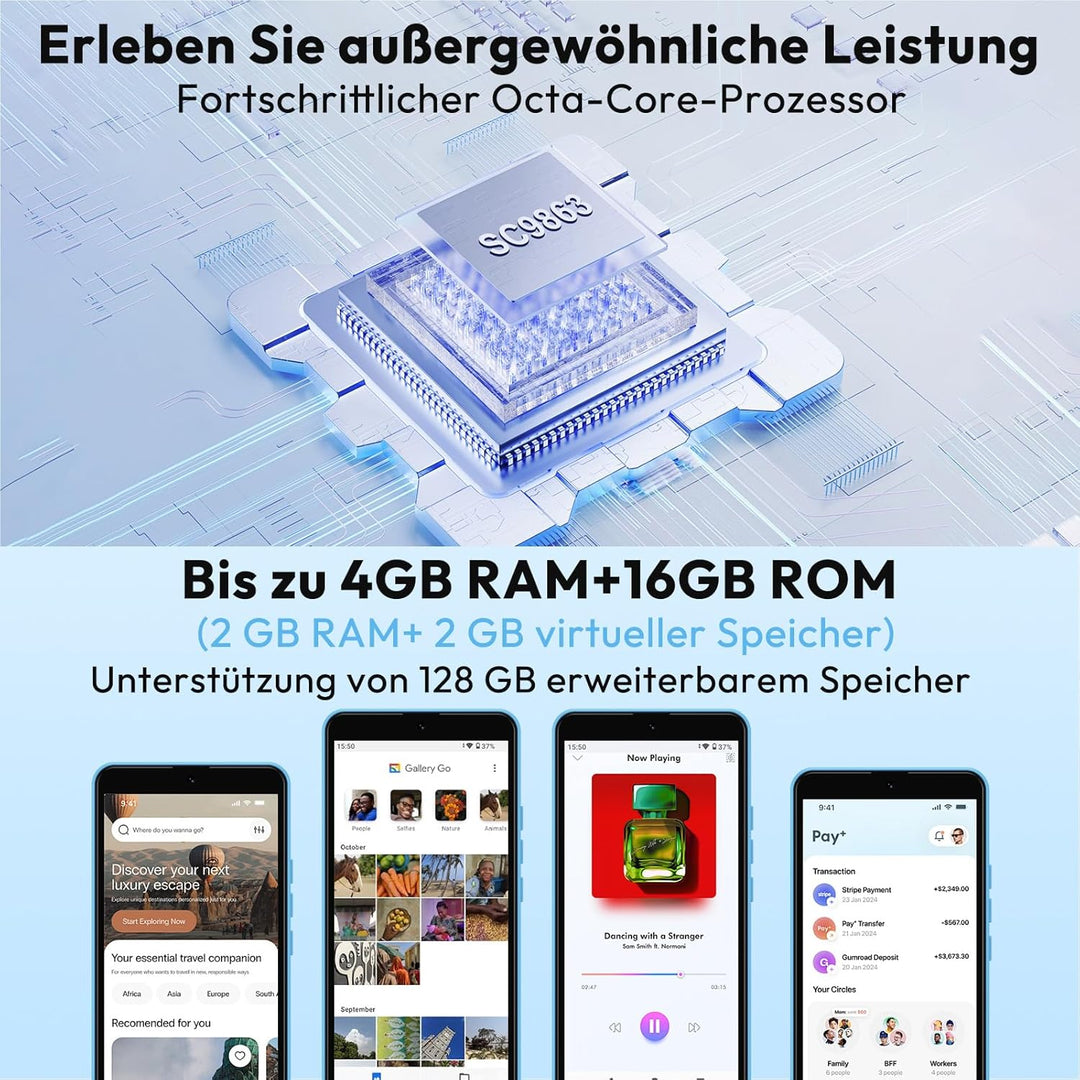 XGODY X32 Handy Ohne Vertrag, 5,5 Zoll Günstig Smartphone 2GB+16GB 128GB Erweiterbar Octa-Core Andro
