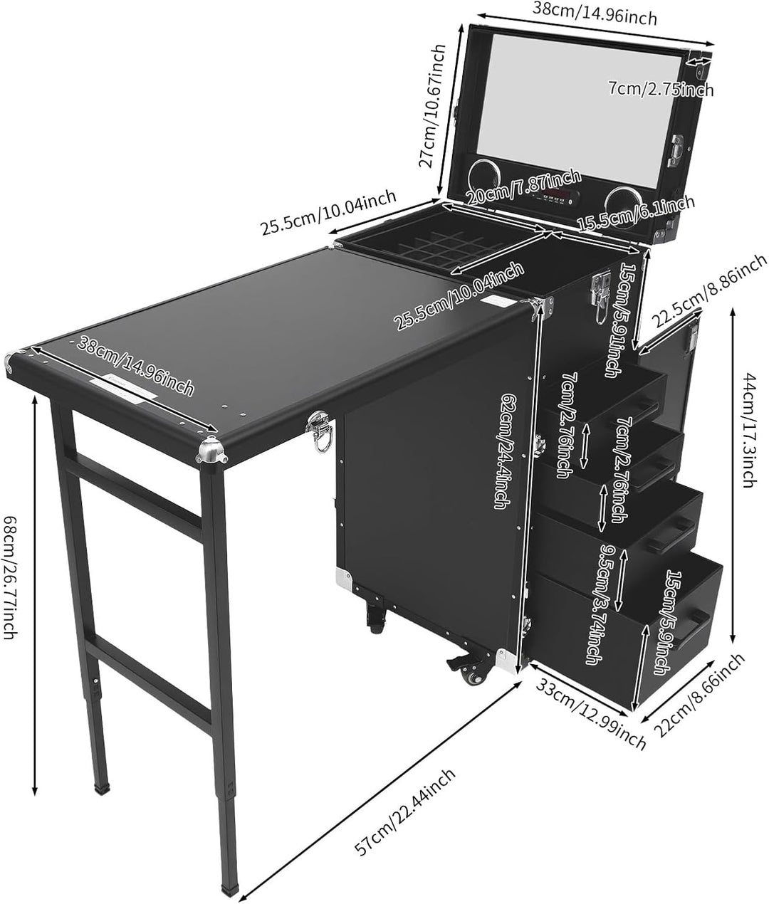 Nageltisch Maniküretisch, Faltbar Mobile Rolling Maniküre Tisch mit Fernbedienung und Make-up-Zug Ko