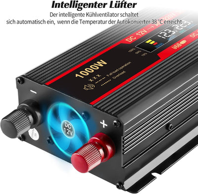 Seamuing 2000W Wechselrichter DC 12V auf AC 240V Spannungswandler 1 AC Steckdose & 2 USB Port Stromw