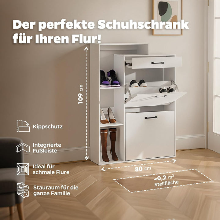 Schuhschrank schmal schwarz mit Schublade & Rattan-Dekor – eleganter Schuhkipper schwarz für Flur &