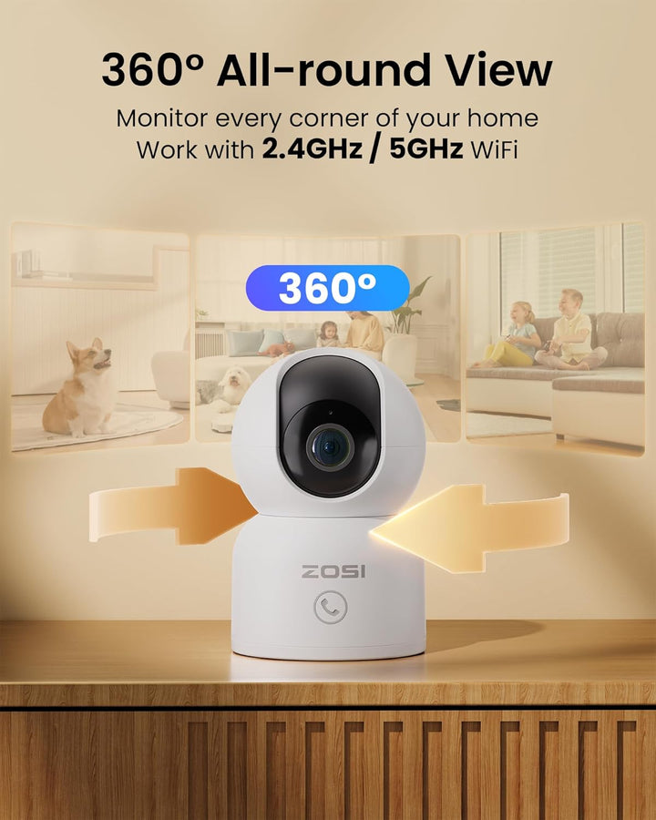 ZOSI 1080P WLAN Überwachungskamera Innen, 360° Schwenkbar IP Kamera Indoor mit EIN-Touch-Call für Ha
