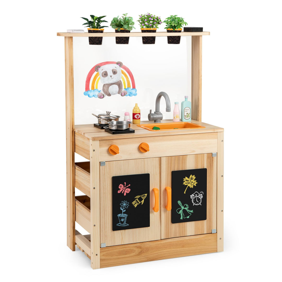 DREAMADE Matschküche Kinder Outdoor, Kinderküche mit Tafel & Acryl-Tafel & Pflanzentöpfen & Herd & S