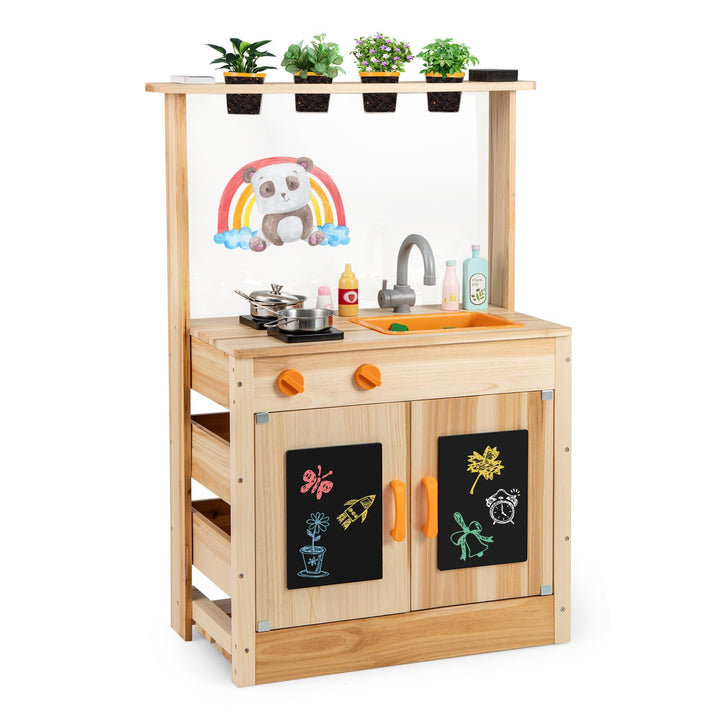 DREAMADE Matschküche Kinder Outdoor, Kinderküche mit Tafel & Acryl-Tafel & Pflanzentöpfen & Herd & S
