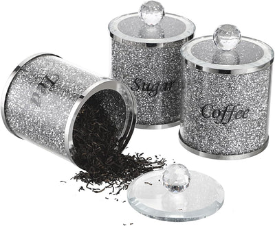 BTSKY Set von 3 Crushed Diamonds Dosen mit Deckel für Zucker Kaffee Tee - Glasbehälter für Küche Gla