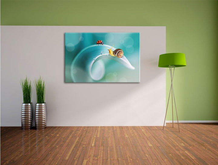 Pixxprint eine Schnecke und Marienkäfer als Leinwandbild/Grösse: 100x70 cm/Wandbild/Kunstdruck/ferti