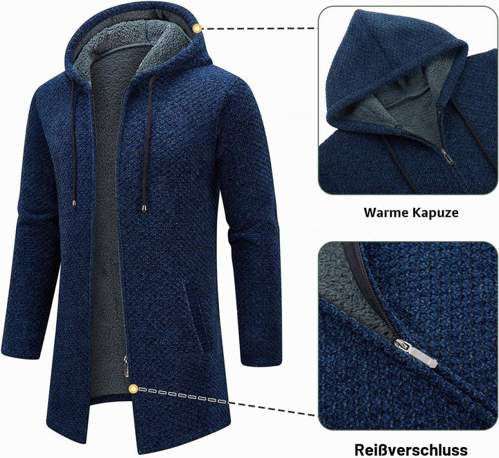 KUDORO Strickjacke Herren Cardigan Lang Trachtenjacke Kapuze mit Kapuze Gestrickt Pullover Hoodie Wi