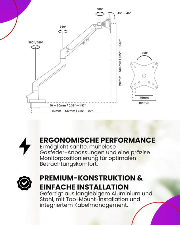 Arozzi Alzare Neo Duo Monitorarm mit Gasfeder - 2 Arme, für 43–86 cm Monitore, VESA 75/100, 360° dre