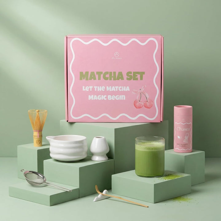 Design Matcha Set 5-teilig – Hochwertige Keramikschale mit Bambusbesen (Chasen) – Stilvolles Zubehör