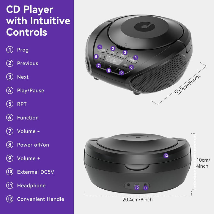 Gueray CD Player Tragbar Boombox Radio mit CD-Player CD Spieler mit Lautsprecher Display Unterstützu