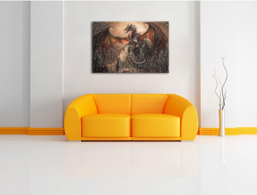 Pixxprint Drache schützend über Burg als Leinwandbild/Grösse: 100x70 cm/Wandbild/Kunstdruck/fertig b