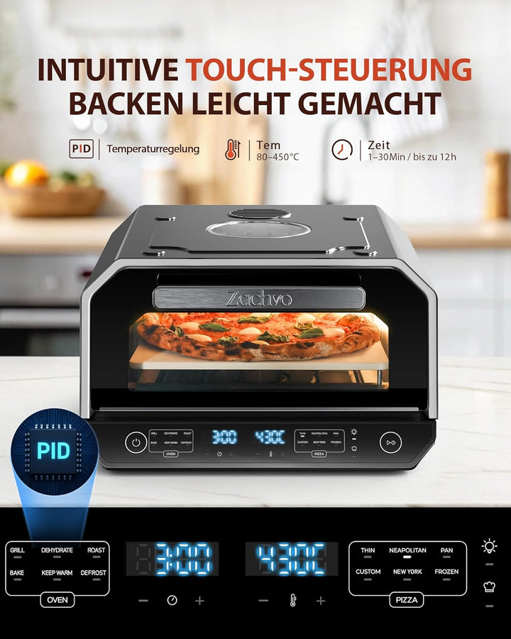 ZACHVO Pizzaofen Elektrisch, bis 450°C für 90-Sekunden-Neapolitanische Pizza, 13 Programme (6 Pizza-
