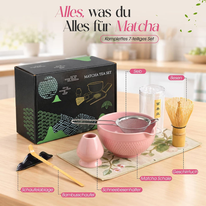 Matcha Set 7-teilig – Premium Tee Set mit Keramik Matcha Schale, Bambus Schneebesen (Chasen), Sieb &amp;