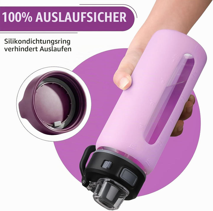 BLUEGO 600ml Glas Wasserflasche mit 2 Deckeln- One-Touch Verschlussdeckel und Griffdeckel Wiederverw