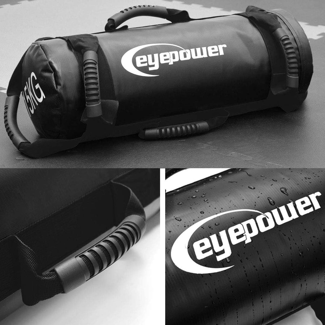 EYEPOWER 15kg Power Bag + 4 Kettlebell Gewichte - Befüllt mit Eisensand - Besser als Geräte: 6 Griff