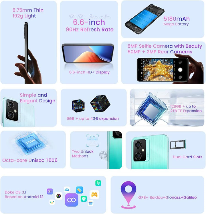 OSCAL C70 Android 12 Handy Ohne Vertrag, Octa-Core 10GB+128GB (2TB TF-Erweiterung), 50MP+8MP Kamera,