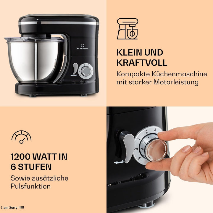Klarstein Bella Küchenmaschine - Knetmaschine mit 6 Geschwindigkeitsstufen, Rührmaschne aus Edelstah