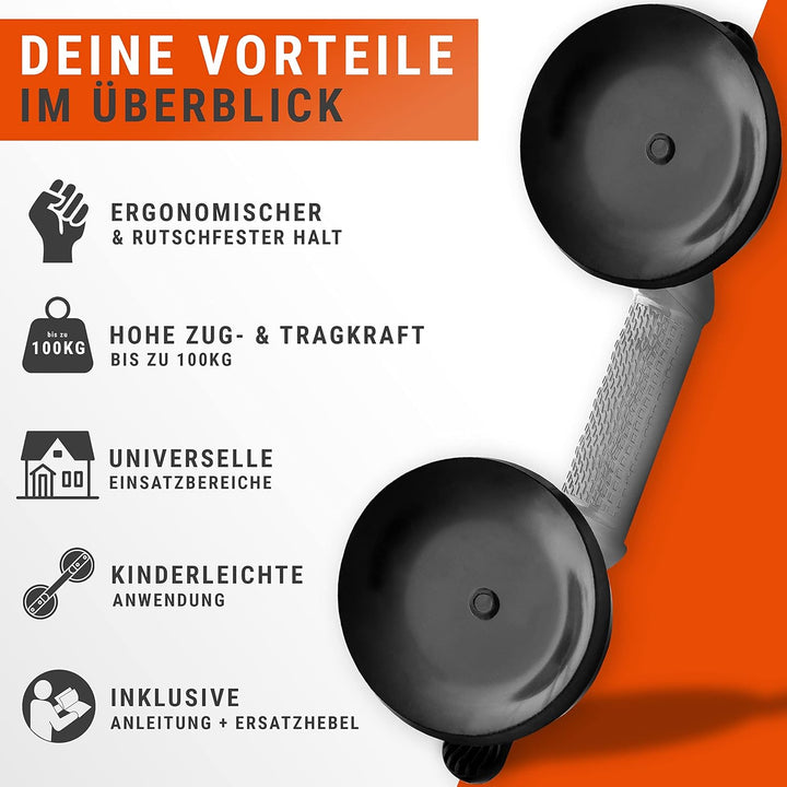 NATUMO® Saugheber [2er Set] - Glassauger mit 100kg Tragkraft - Vakuumheber mit ergonomischen & rutsc