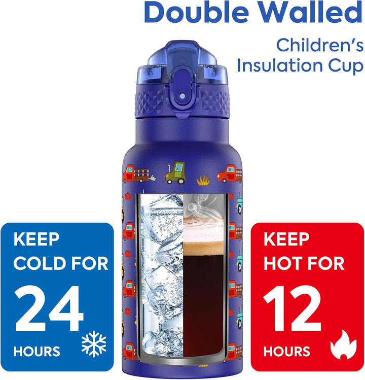 OLDLEY 500 ml isolierte Kinder-Wasserflasche aus Edelstahl mit Strohhalm, doppelwandig, Metall, Vaku