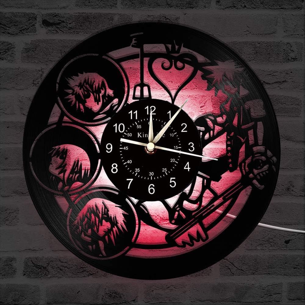 Smotly Vinyl Wanduhr, Kingdom Hearts Charakter 3D Wanddekoration grosse Uhr, LED Bunte Lichter handg