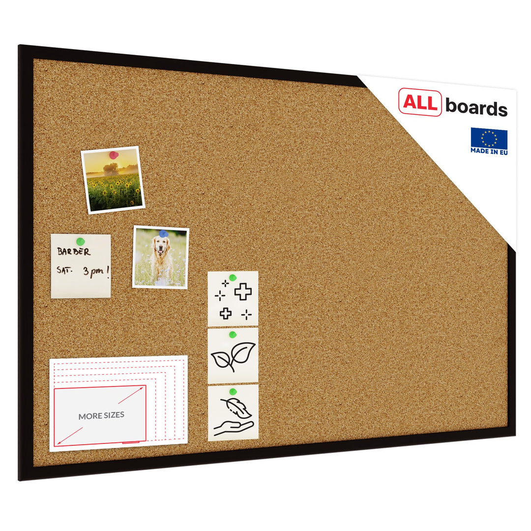 ALLboards Pinnwand mit Schwarzer Holz Rahmen 90x60cm Korktafel Korkwand Pinnwand Kork Farbiger Natur