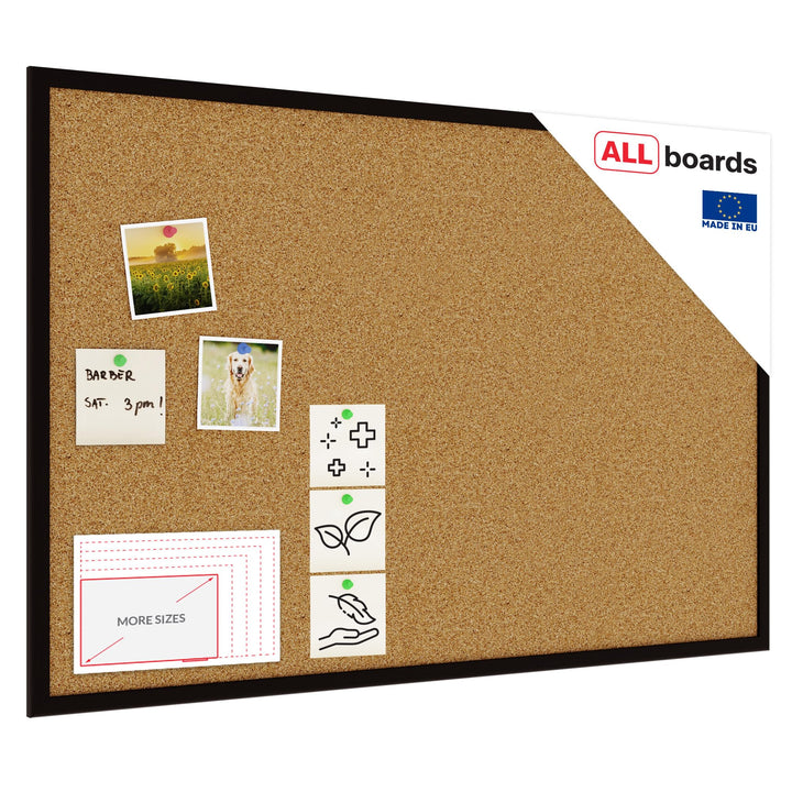 ALLboards Pinnwand mit Schwarzer Holz Rahmen 90x60cm Korktafel Korkwand Pinnwand Kork Farbiger Natur