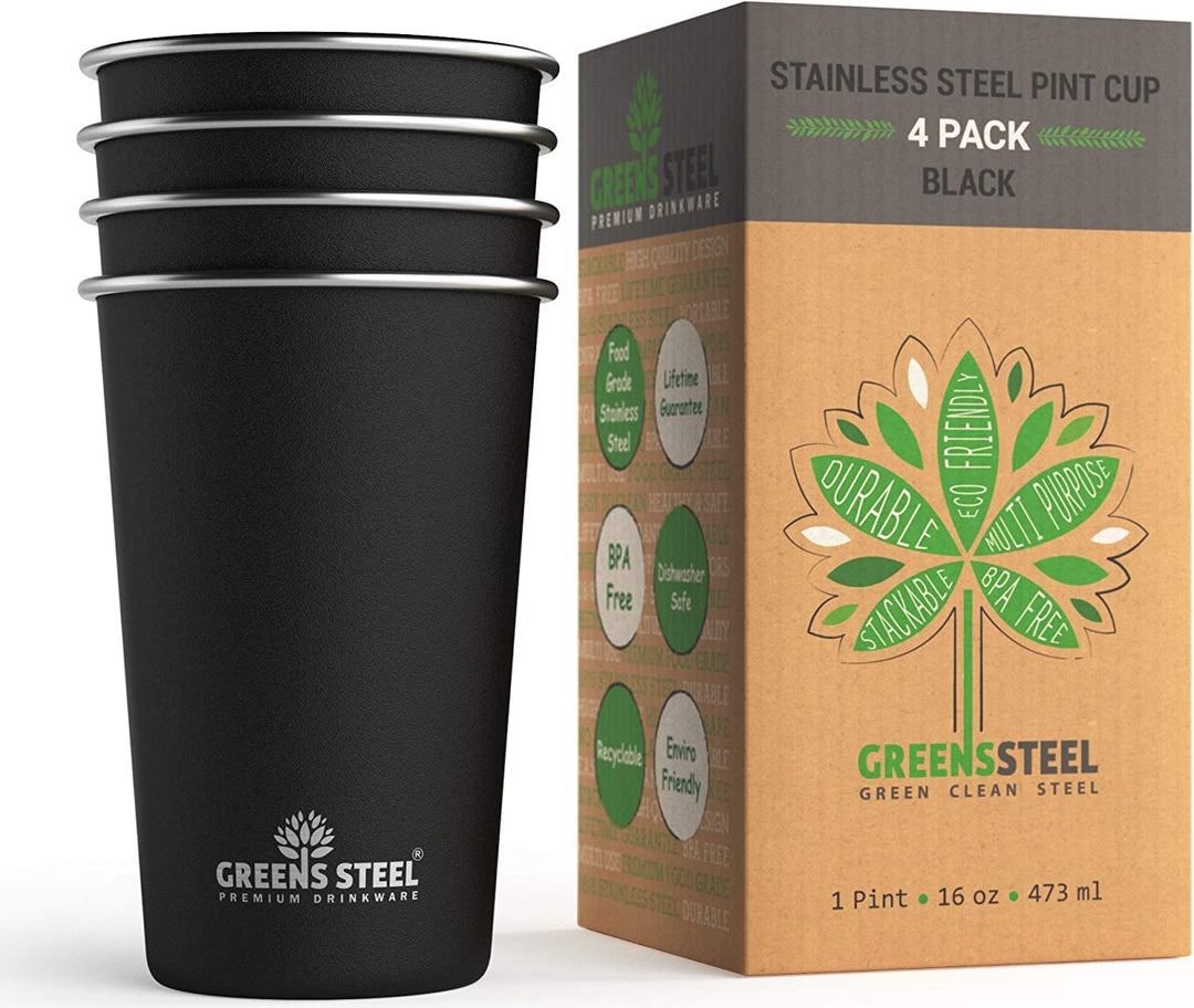 Greens Steel Edelstahlbecher - 4 Stück, Schwarz, 475ml I Einwandiges, stapelbares & wiederverwendbar