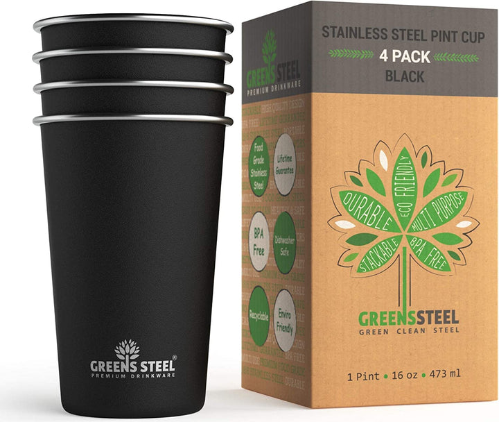 Greens Steel Edelstahlbecher - 4 Stück, Schwarz, 475ml I Einwandiges, stapelbares & wiederverwendbar